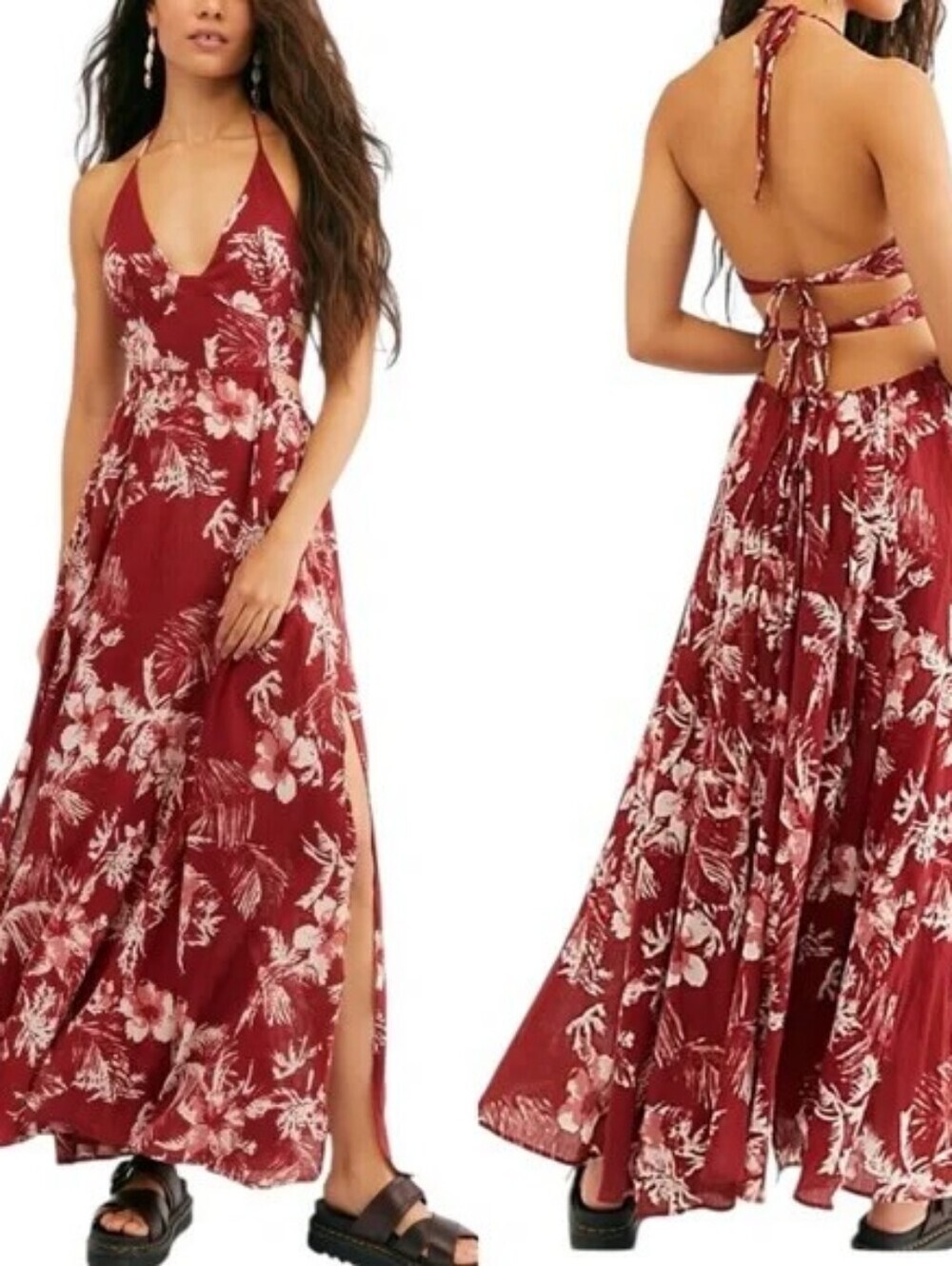 Free People Floral Printed Tie-Back Maxi Dress Slits size L Rust Red Boho